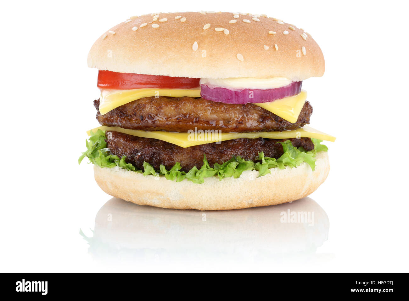 Double cheeseburger hamburger lettuce cheese isolated on a white background Stock Photo