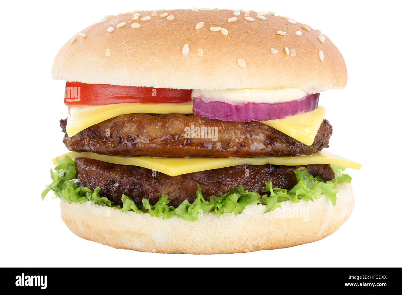 Double cheeseburger hamburger burger tomatoes lettuce cheese isolated