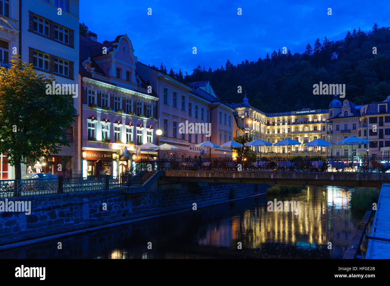 Karlovy Vary (Karlsbad): Grandhotel Pupp on river Tepla (Tepl), , Karlovarsky, Karlsbader Region, Karlovy Vary Region, Czech Stock Photo