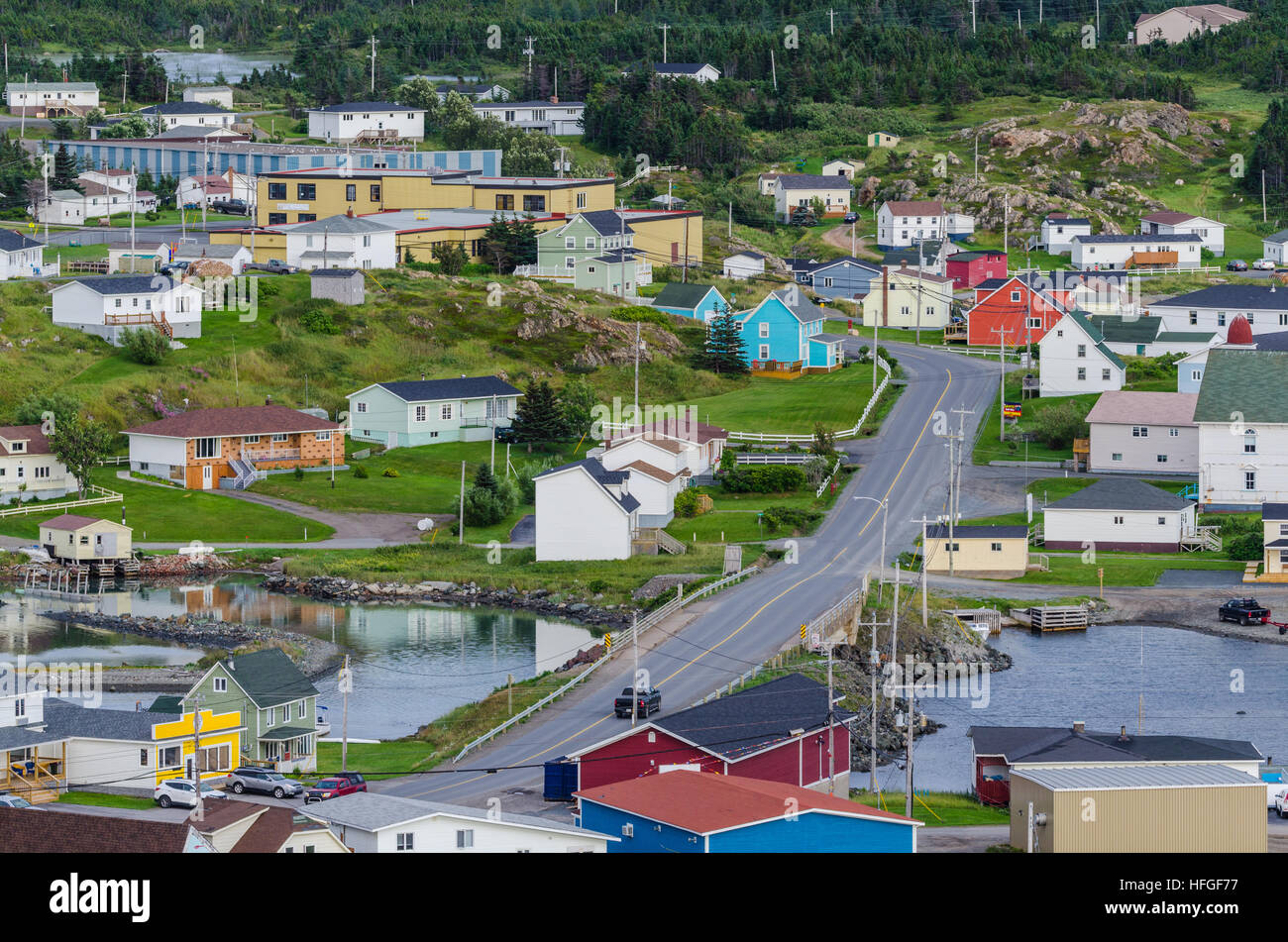 Community of Twillingate Newfoundland.  Small homes along shoreline in coastal village. Stock Photo