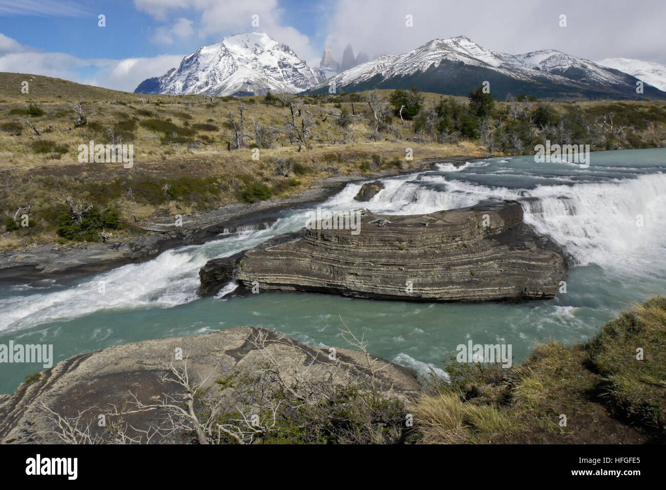 Paine Cascades & Paine Massif, Torres del Paine NP, Patagonia, Chile Stock Photo