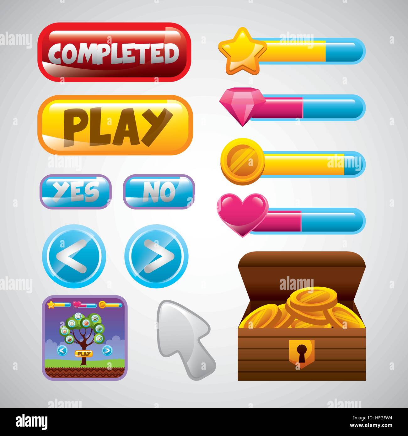 videogame interface buttons and box with gold coins over white ...