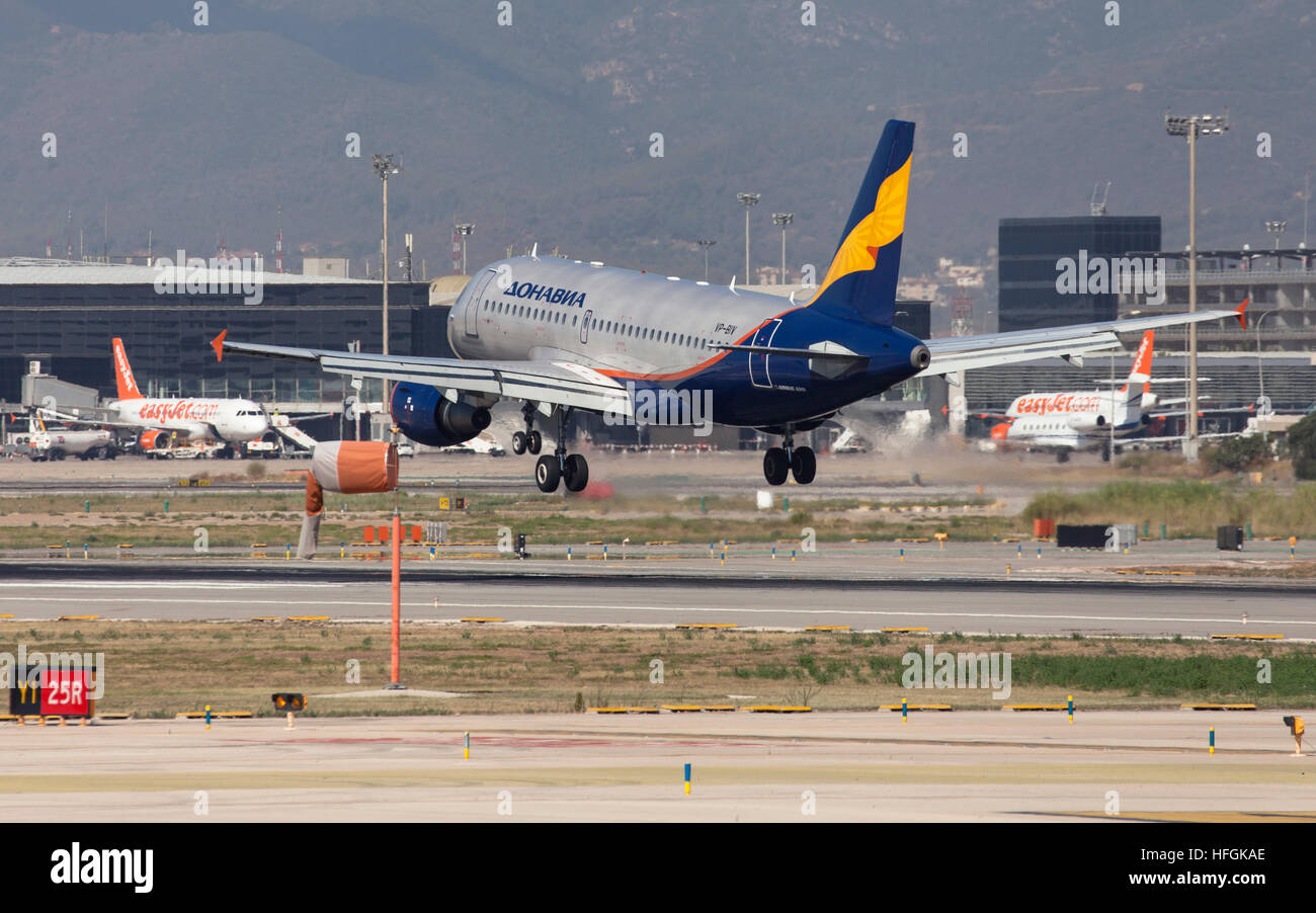 Rossiya Airbus A319 landing at El Prat Airport in Barcelona, Spain. Stock Photo
