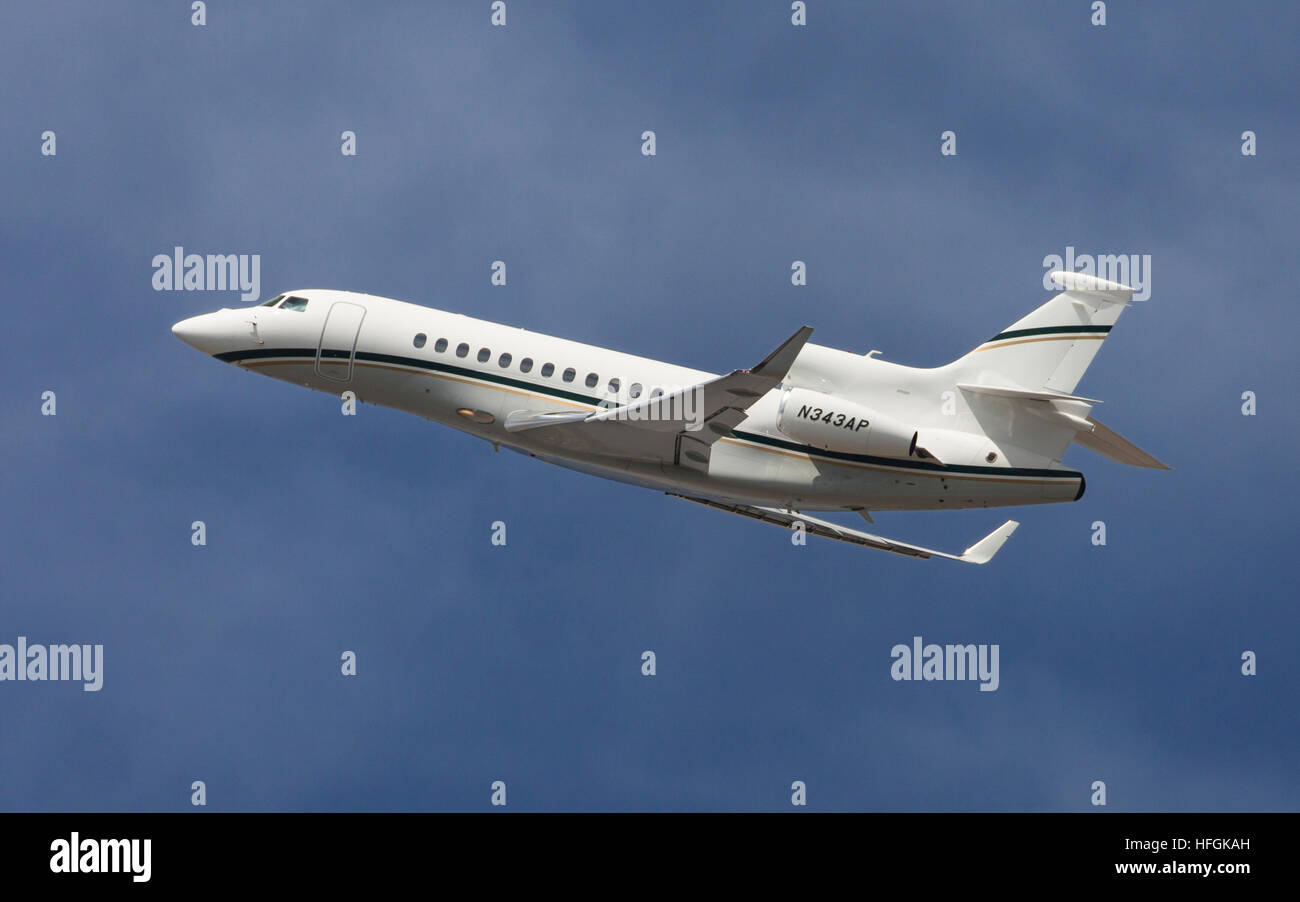 Dassault Falcon 7X taking off from El Prat Airport in Barcelona, Spain. Stock Photo