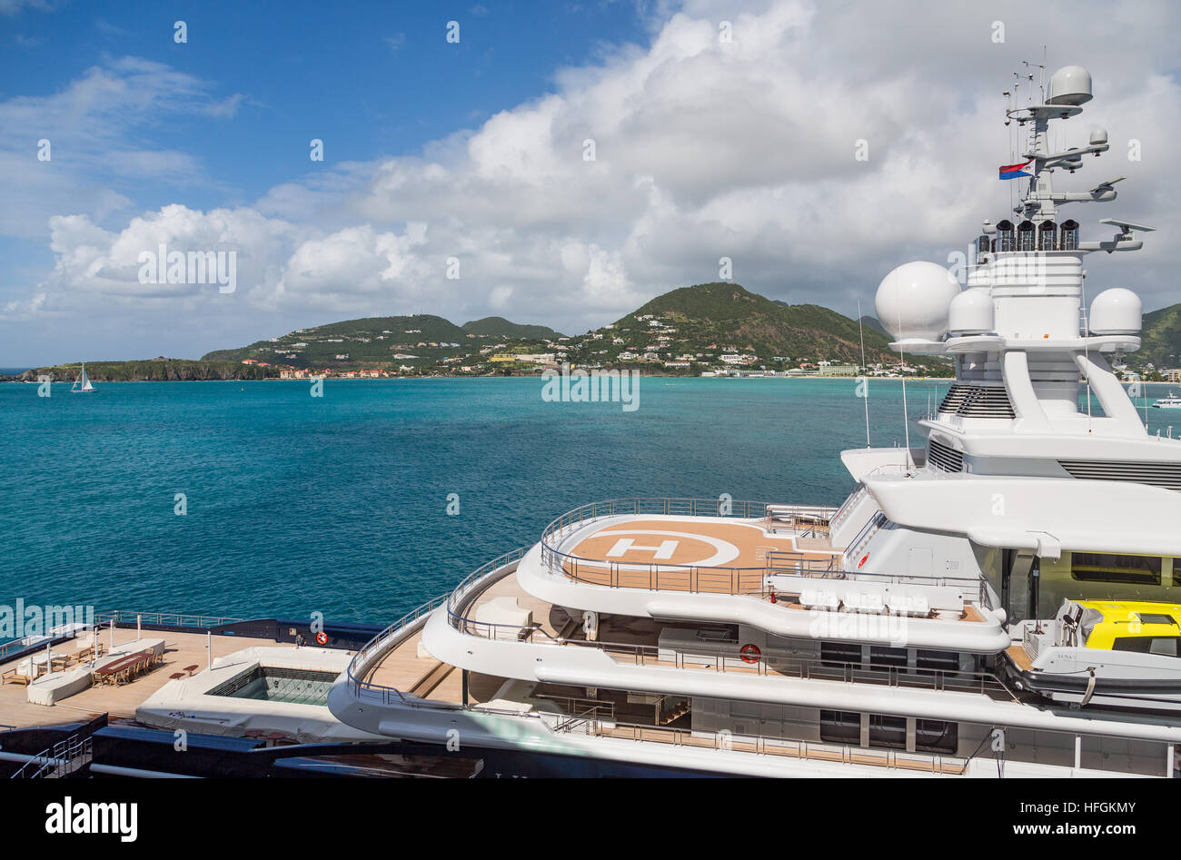 A massive, luxury yacht anchored in the Caribbean Stock Photo
