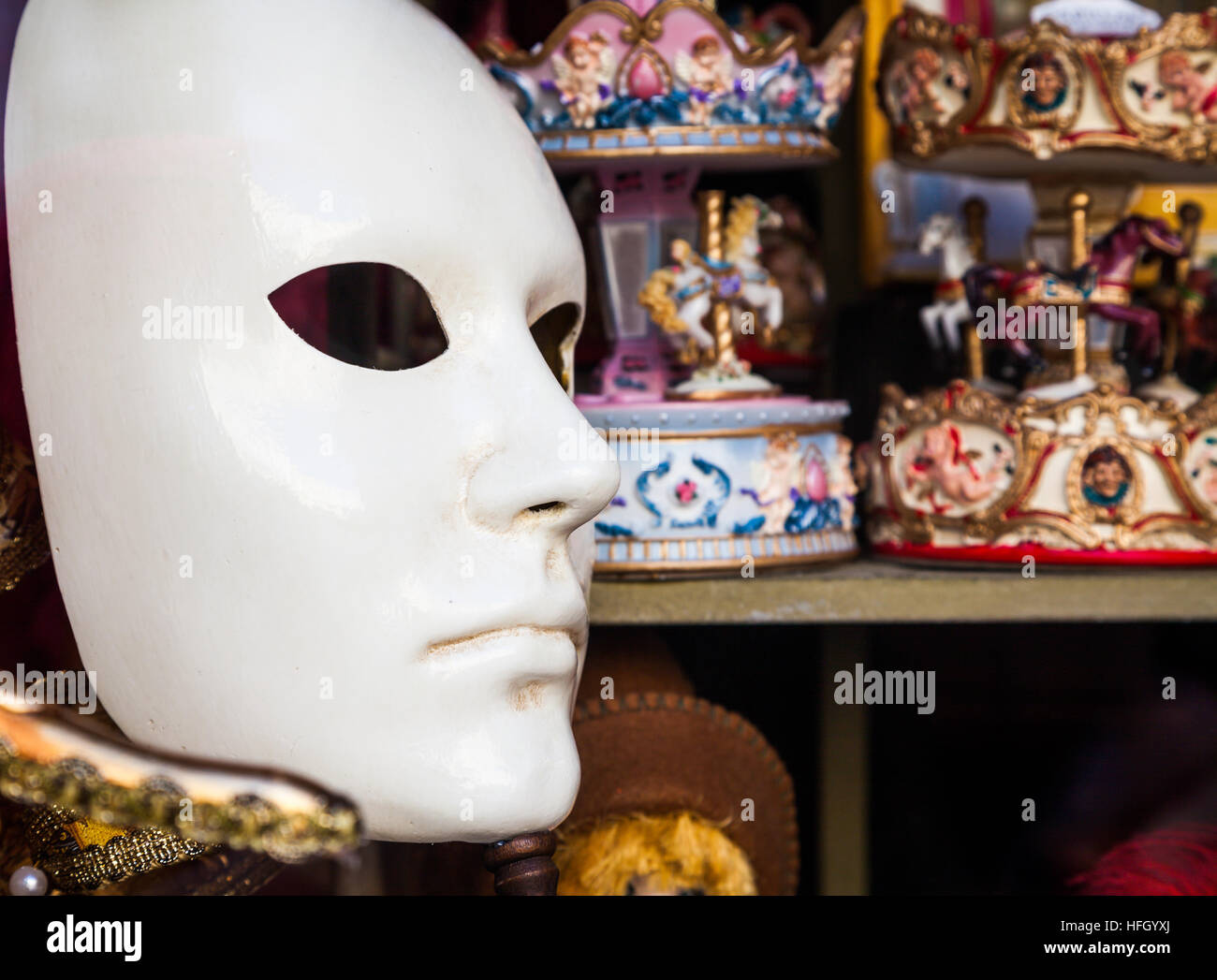 Venice, Italy. Detail of an original and traditional venetian mask. Stock Photo