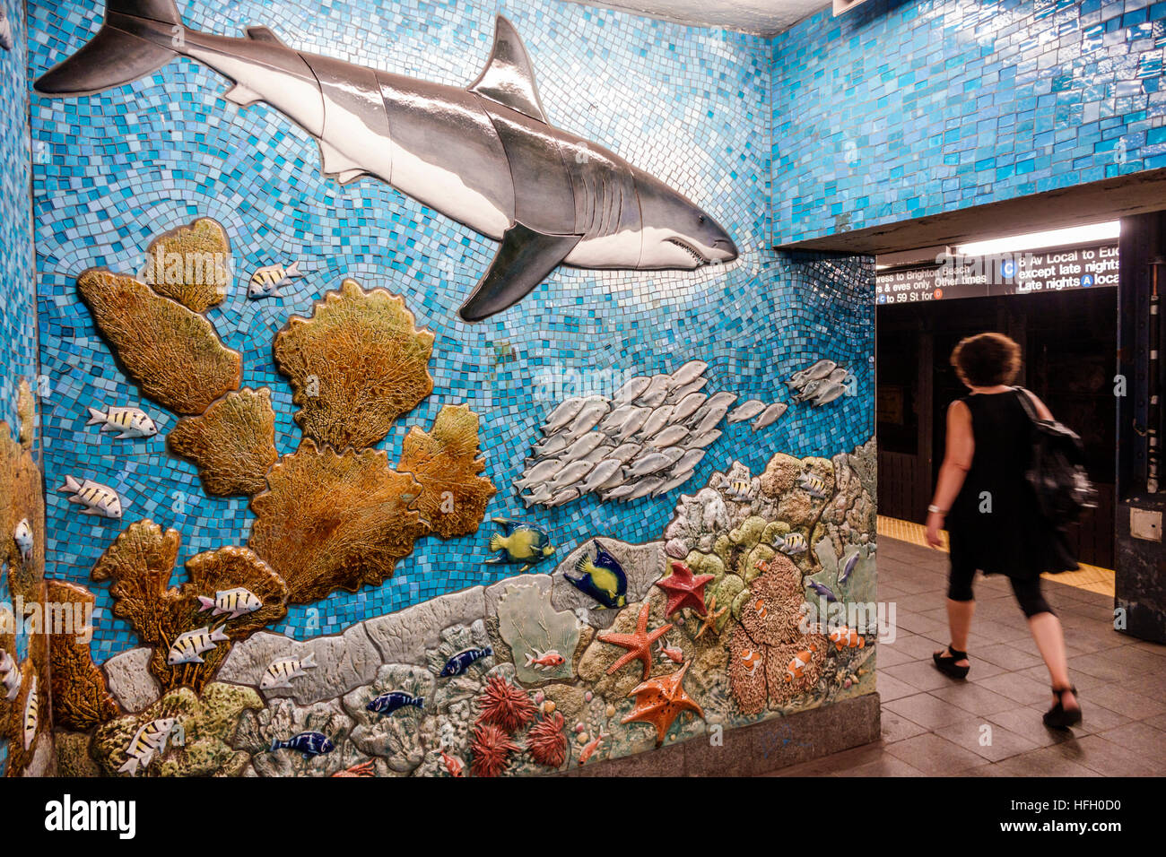 New York City,NY NYC Manhattan,subway,MTA,81st Street,Museum of Natural History Center,station,platform,mosaic,mural,shark,marine life,NY160722035 Stock Photo