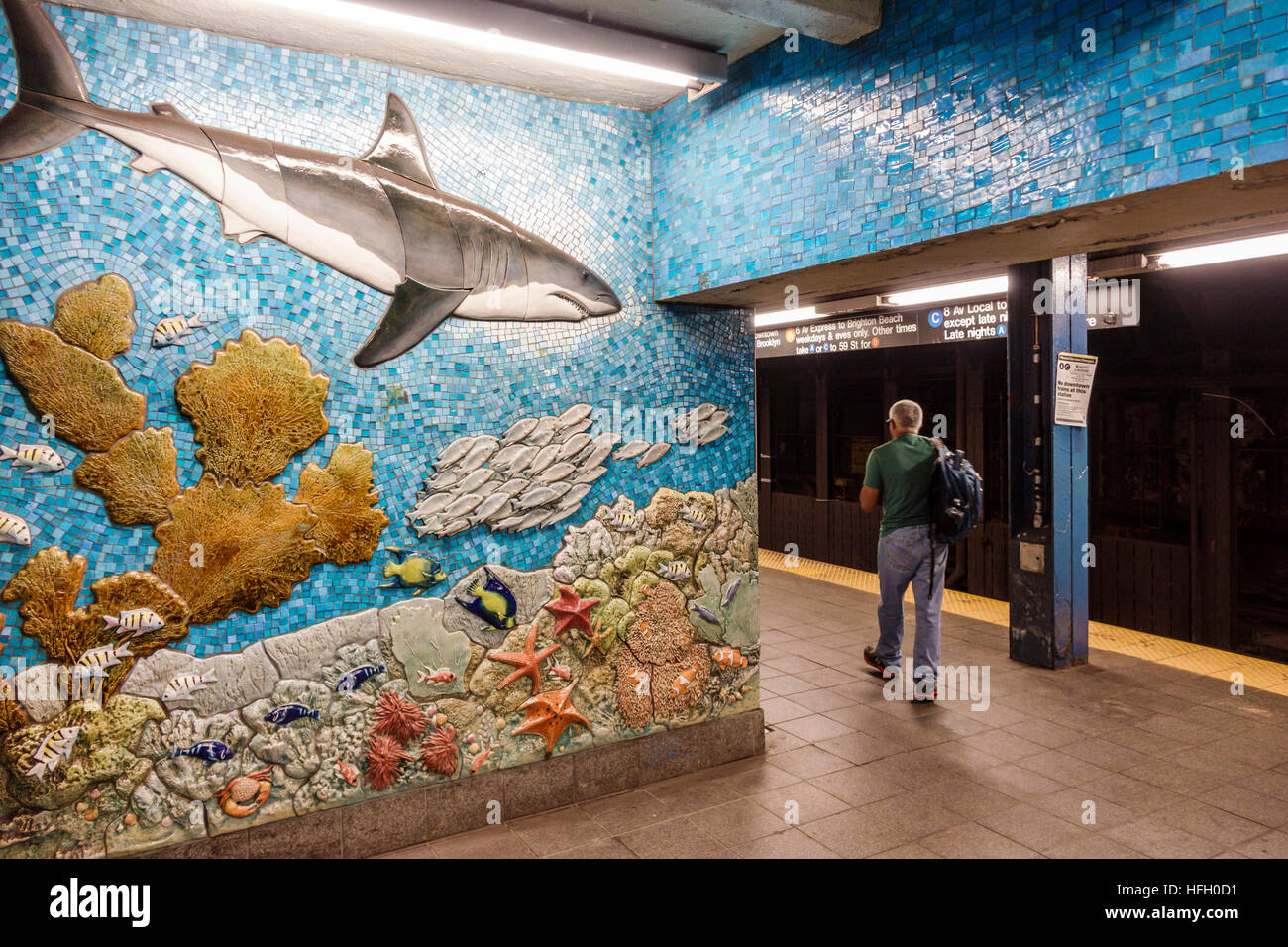 New York City,NY NYC Manhattan,subway,MTA,81st Street,Museum of Natural History Center,station,platform,mosaic,mural,shark,marine life,NY160722036 Stock Photo