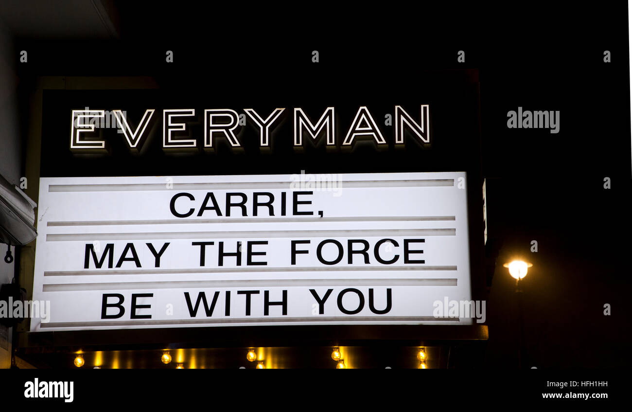 London, England, UK; 30th December 2016; Tribute to 'Carrie Fisher' who died on 27th December 2016, starred as 'Princess Leia' in 'Star Wars Film Series' 'Everyman Cinema Sign' quotes 'CARRIE MAY THE FORCE BE WITH YOU', 'Baker Street London W1' England UK Stock Photo