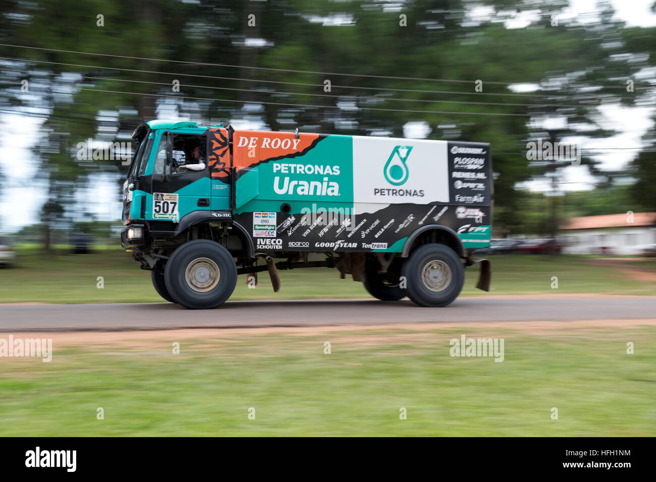 Asuncion, Paraguay. 30th December, 2016. View of #507 - Petronas Team De Rooy Iveco (driver: Ton Van Genugten) truck, seen during the technical scrutineering day at 2017 Dakar Rally waiting park, Nu Guazu airbase, Luque, Paraguay. Credit: Andre M. Chang/Alamy Live News Stock Photo