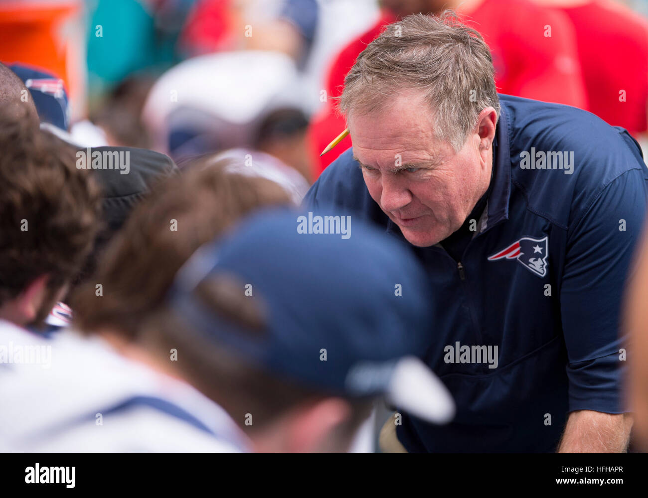 Miami Gardens, Florida, USA. 01st Jan, 2017. New England Patriots Head Coach Bill Belichick talks to the defensive players on the bench during the NFL football game between the New England Patriots and the Miami Dolphins on January 1st 2017, at the Hard Rock Stadium in Miami Gardens, FL. © Action Plus Sports/Alamy Live News Stock Photo