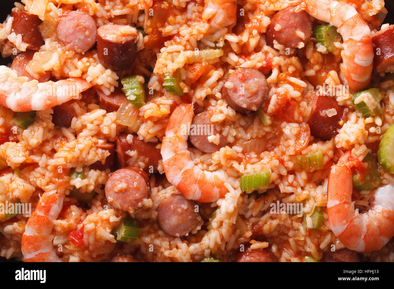 Creole food macro jambalaya. Horizontal top view above background