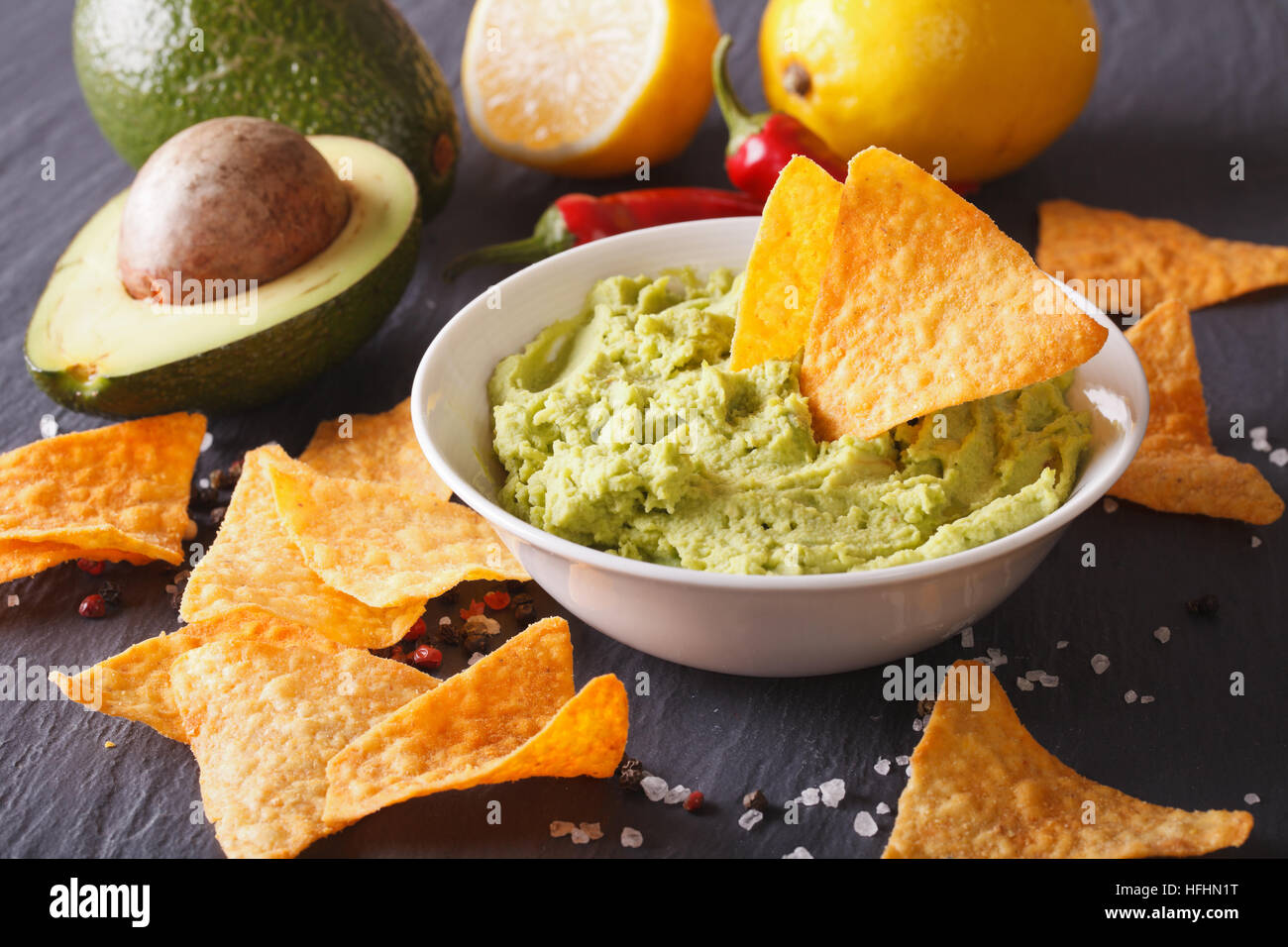 hot sauce guacamole, nachos chips and ingredients. Horizontal Stock