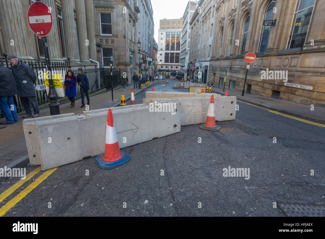 Concrete barriers protecting pedestrians from vehicle attack in Birmingham UK during the annual Christmas market. Stock Photo