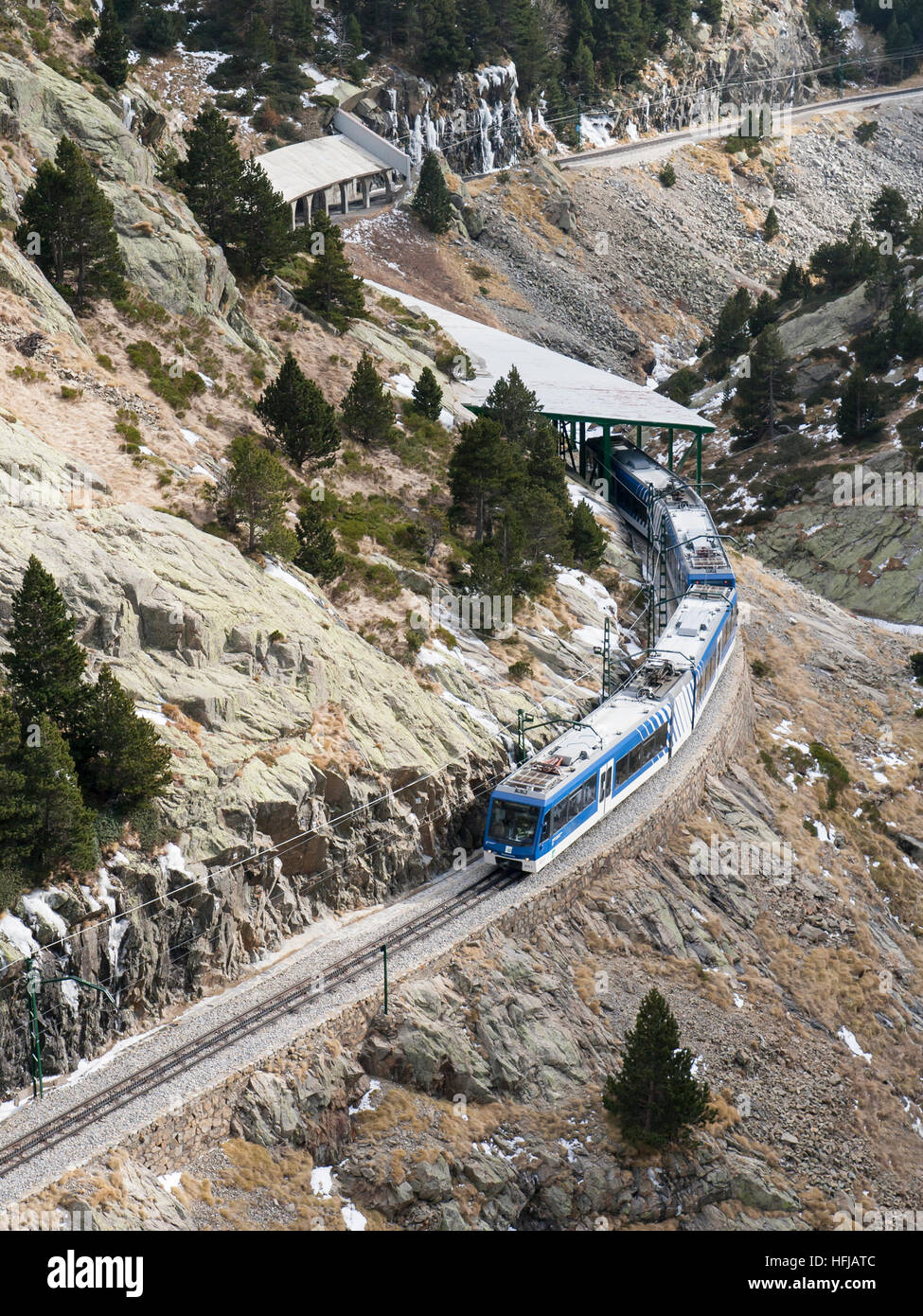 Nuria Valley Rack Railway in the Catalan Pyrenees. Stock Photo