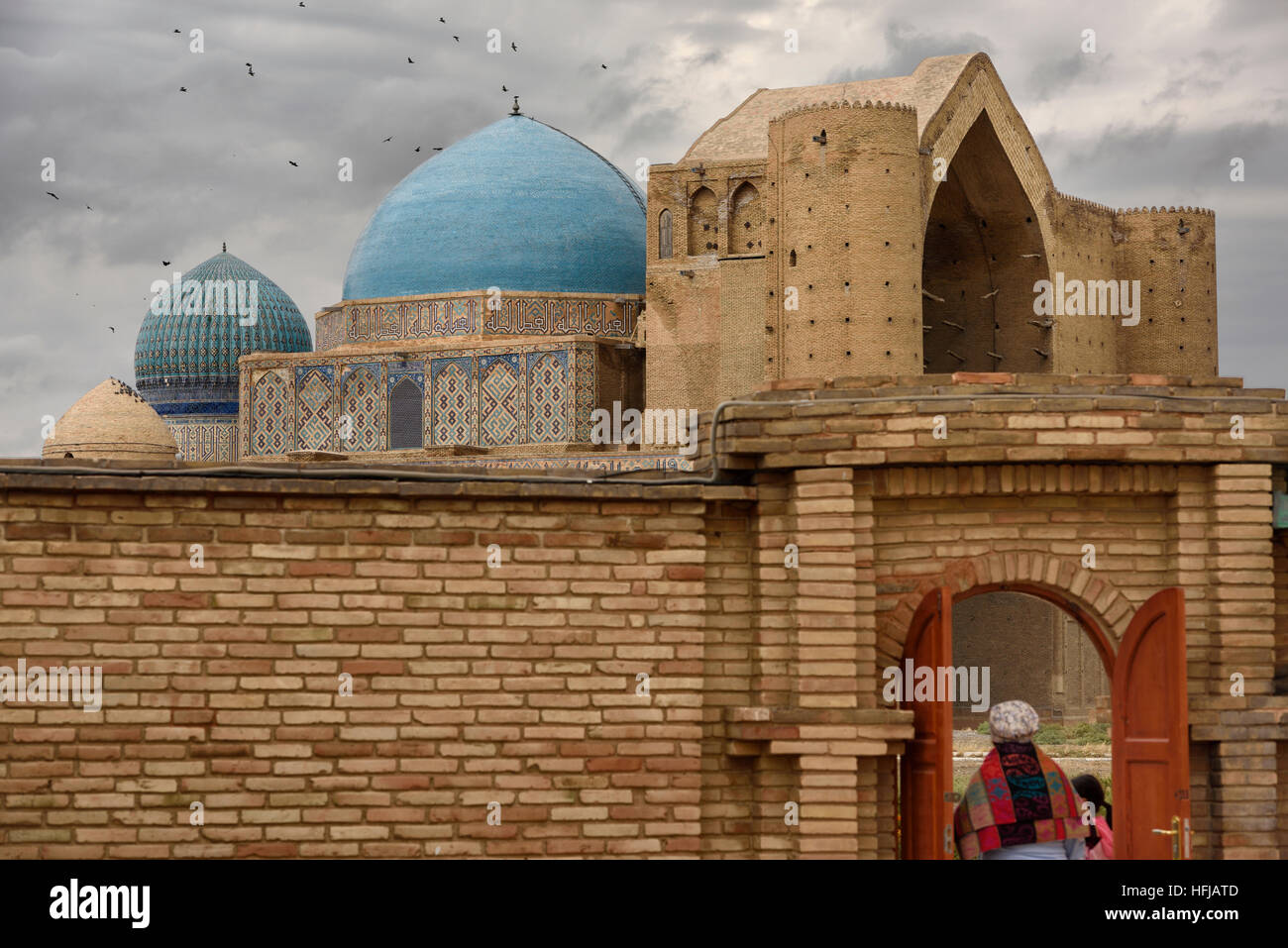 Historic Khoja Ahmed Yasawi mausoleum at gate to architectural museum Azret Sultan Turkestan Kazakhstan Stock Photo