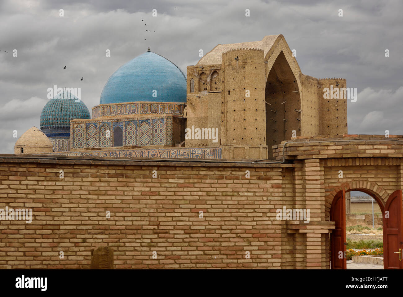 Khoja Ahmed Yasawi mausoleum from gate to architectural museum Azret Sultan Turkestan Kazakhstan Stock Photo
