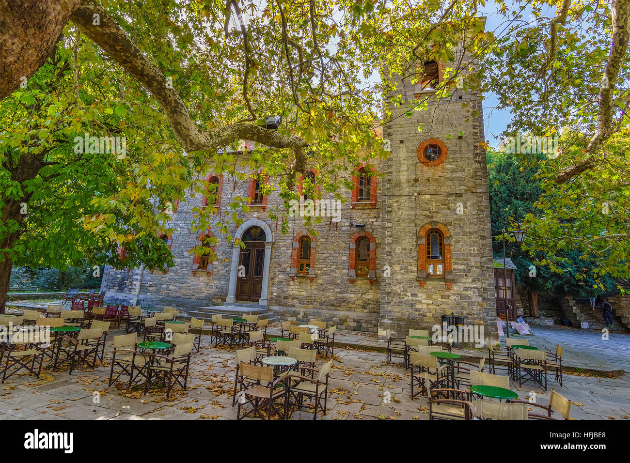The orthodox church of Agia Paraskevi is located in the central square of  Tsagarada village next to the famous perennial plane tree. Pelion, Magnesia  Stock Photo - Alamy