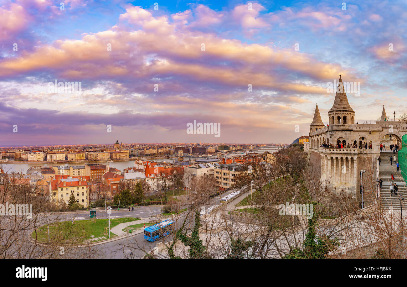 Panoramic View Of The Famous Fisherman s Bastion At Sunset Budapest panoramic-view-of-the-famous-fisherman-s-bastion-at-sunset-budapest