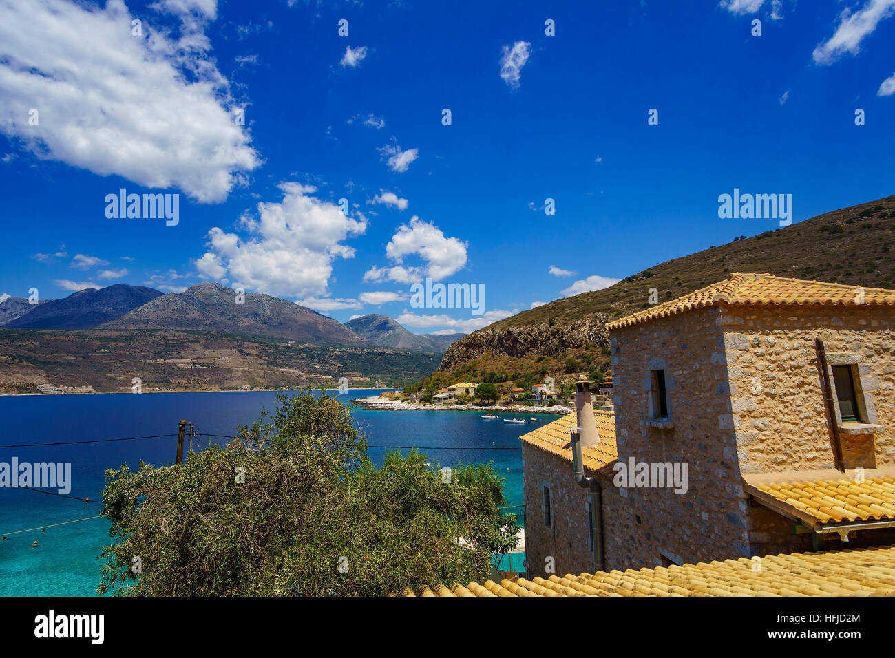 House by the sea. Wonderful sea view of Limeni coastal village in Mani Laconia Greece Stock