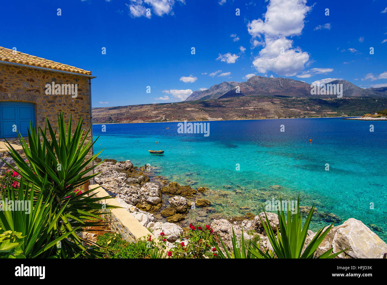 House by the sea. Wonderful sea view of Limeni coastal village in Mani Laconia Greece Stock