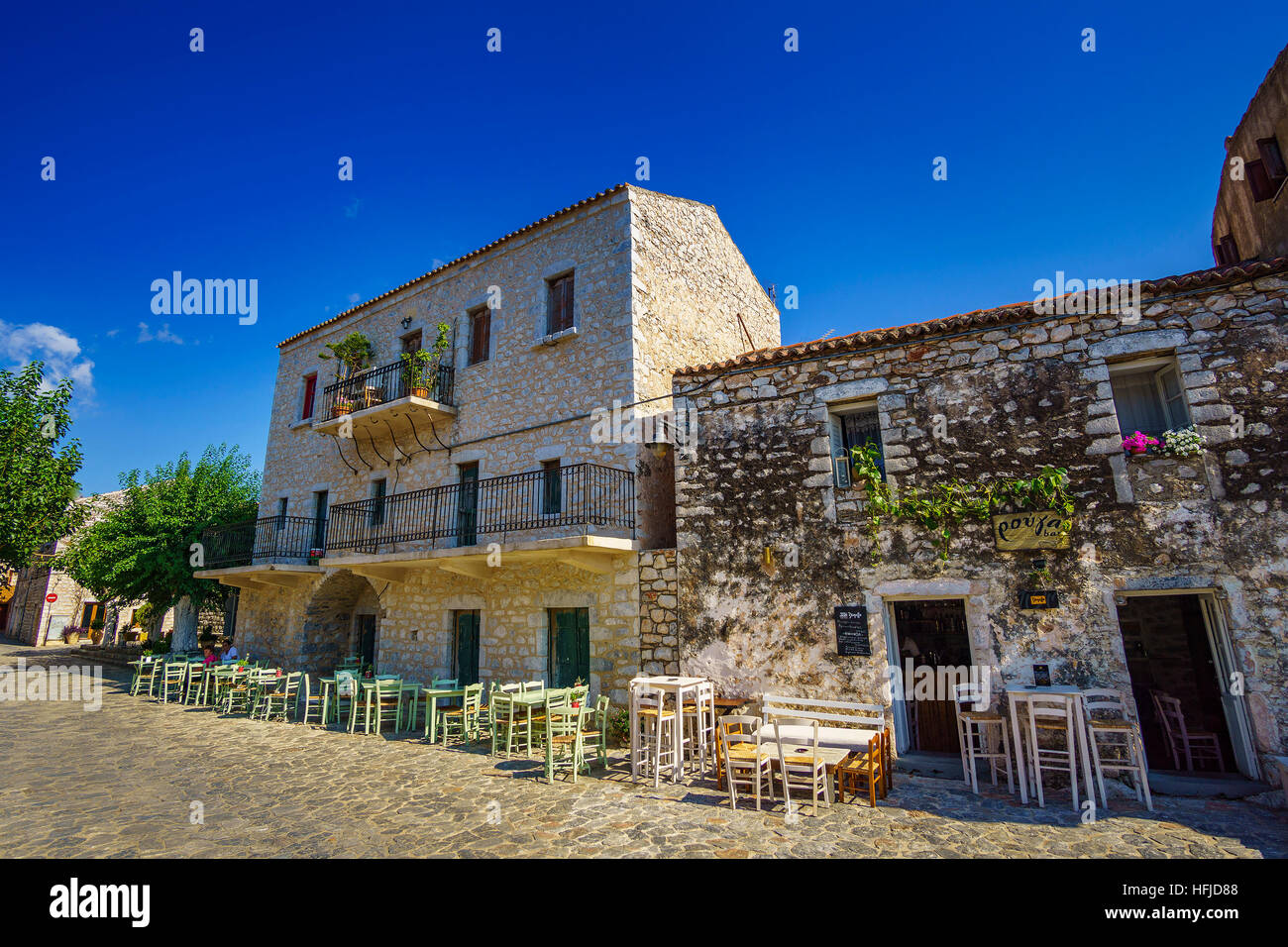 The wonderful decorated castle town of Areopoli in Laconia - Greece. Stock Photo