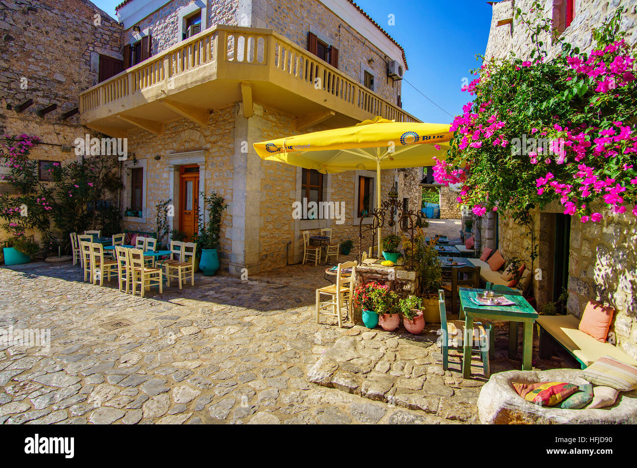 The wonderful decorated castle town of Areopoli in Laconia - Greece. Stock Photo