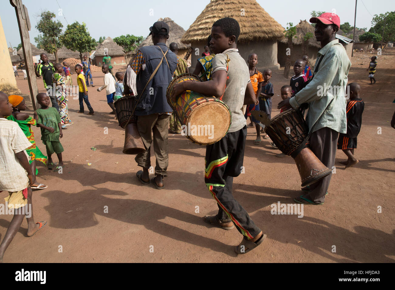 Kiniero, Guinea, 30th April 2015: Traditional drummers announcing that a traditional lake fishing party will take place today Stock Photo