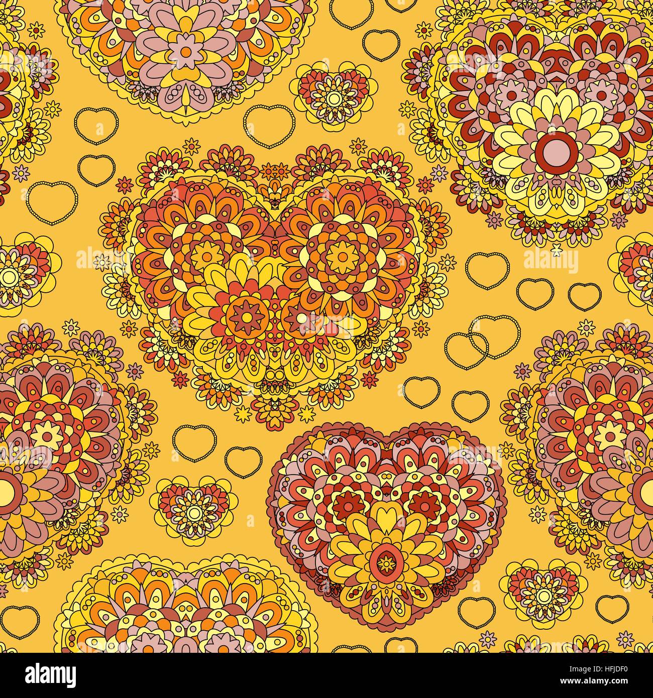 Seamless pattern with lace hearts. Beautiful valentine illustration with vintage elements. Brown orange figure on yellow background. Love, birthday, Valentine day, sale. Vector Stock Vector