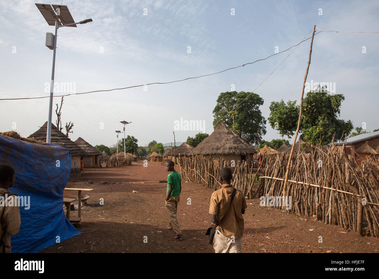 Gbderedou Baranama, Guinea, 2nd May 2015; This village and local area will be flooded by the dam. Solar-powered street lighting recently installed. Stock Photo