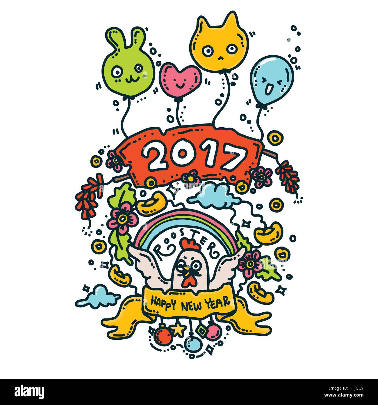 Vector Illustration of Happy New Year 2017 Greeting Card. Rooster Year.Doodle Style Stock Vector
