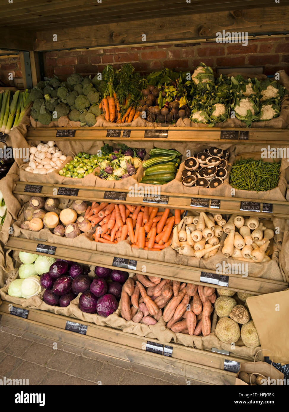 Fruit and vegetable stall display in farm Shop, Doddington Hall, Lincolnshire, England, UK. Stock Photo