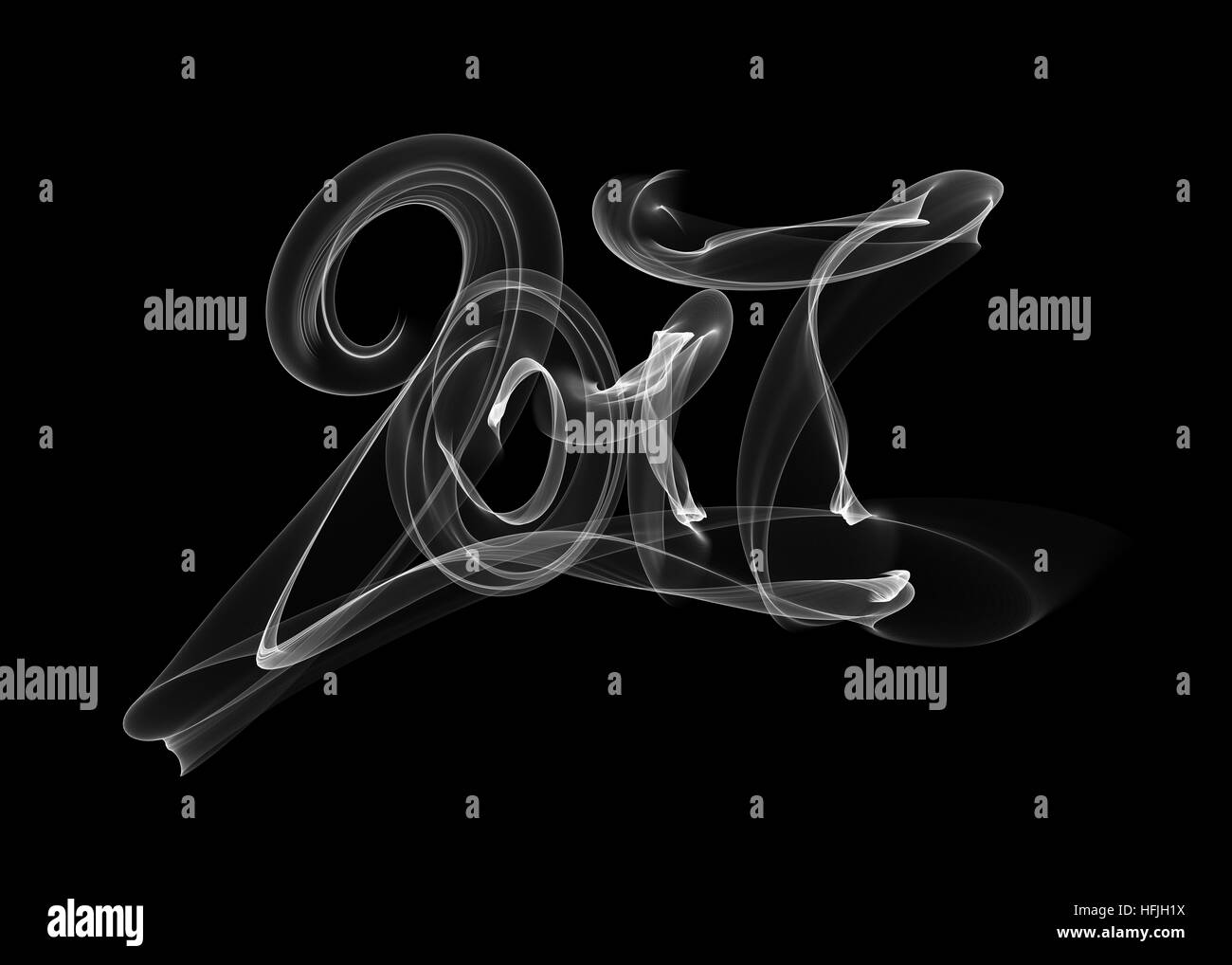 Happy new year 2017 isolated numbers lettering written with white fire flame or smoke on black background Stock Photo