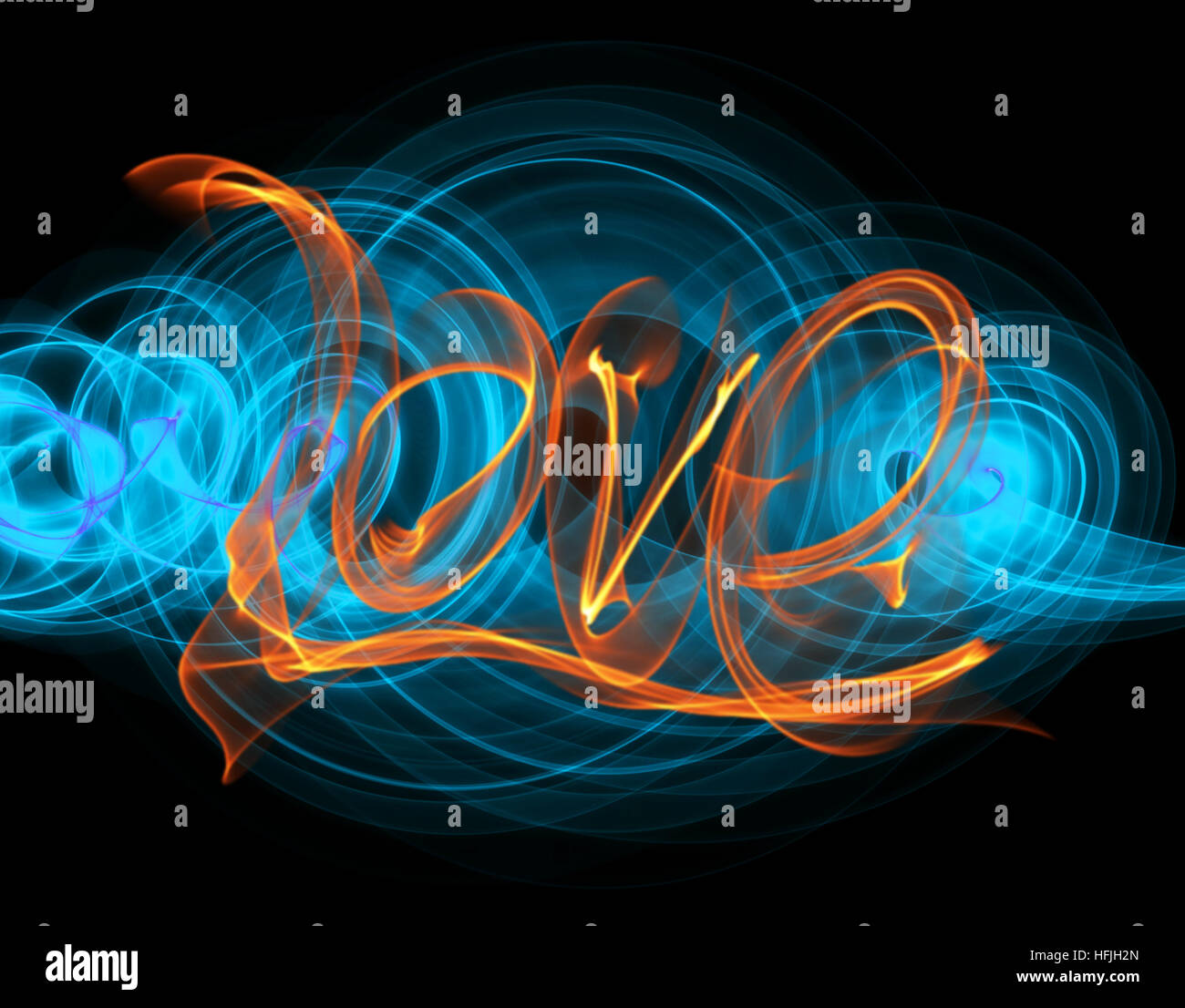 Love isolated word lettering written with fire flame or smoke on black background Stock Photo