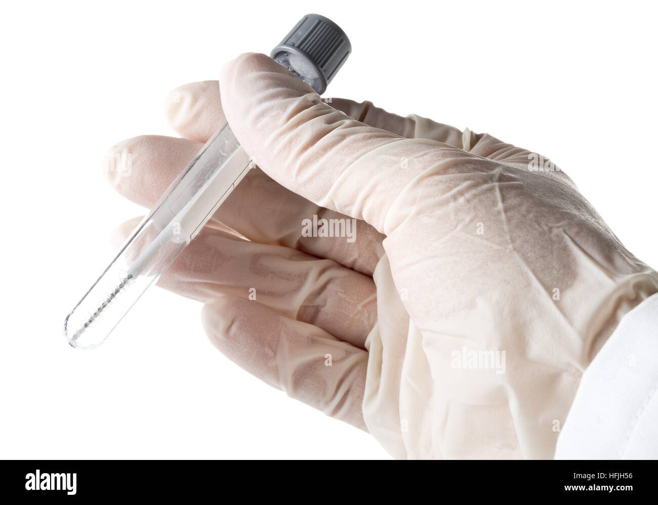 Doctor holding buccal swab in test tube paternity DNA test Stock