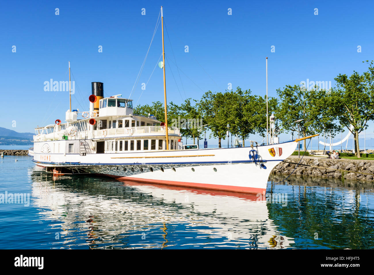 CGN Rhone, a paddle steamer in the port of Ouchy, Lausanne, Switzerland Stock Photo