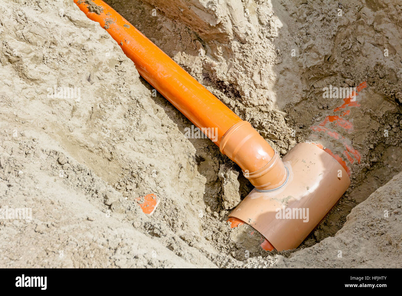 Arranged PVC of water pipes are assembled and placed in trench on