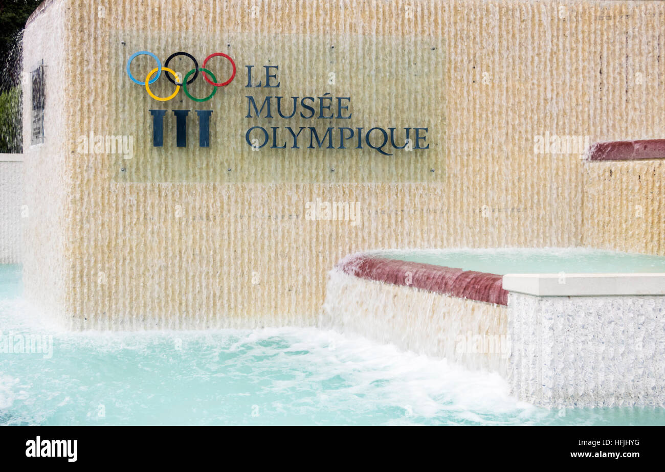 Le Musée Olympique sign gateway to the Parc Olympique, Lausanne, Vaud, Switzerland Stock Photo