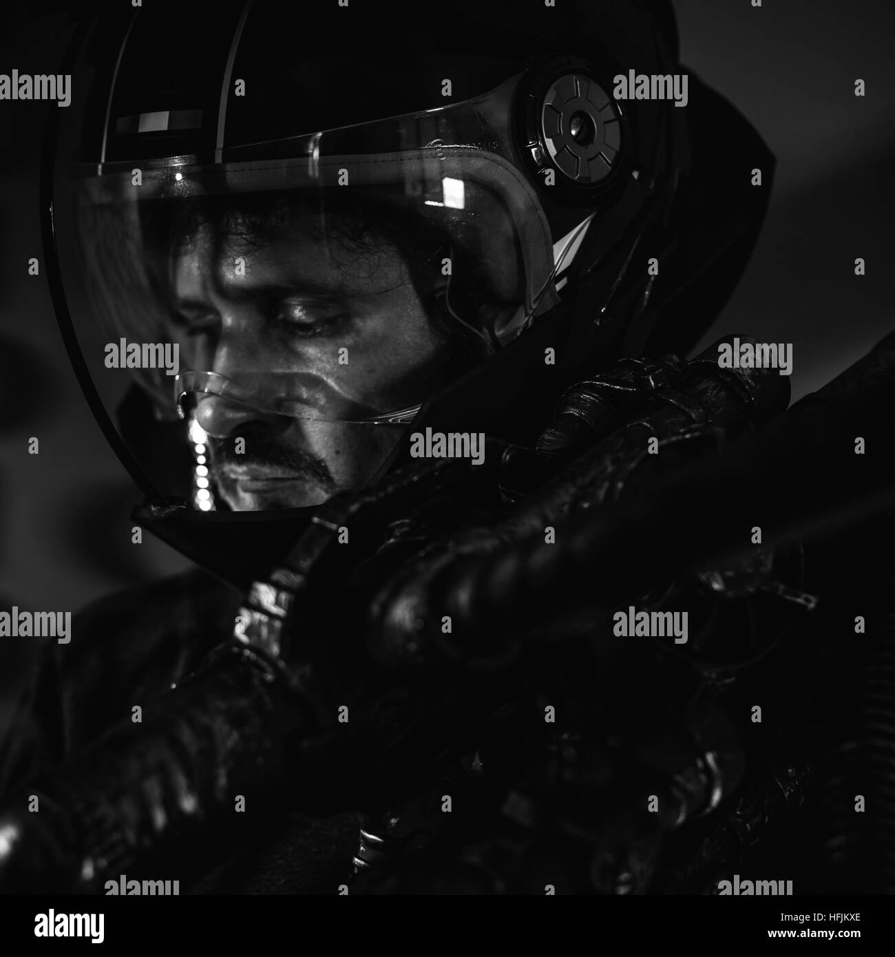 Space man with metal helmet and laser beam weapon Stock Photo - Alamy