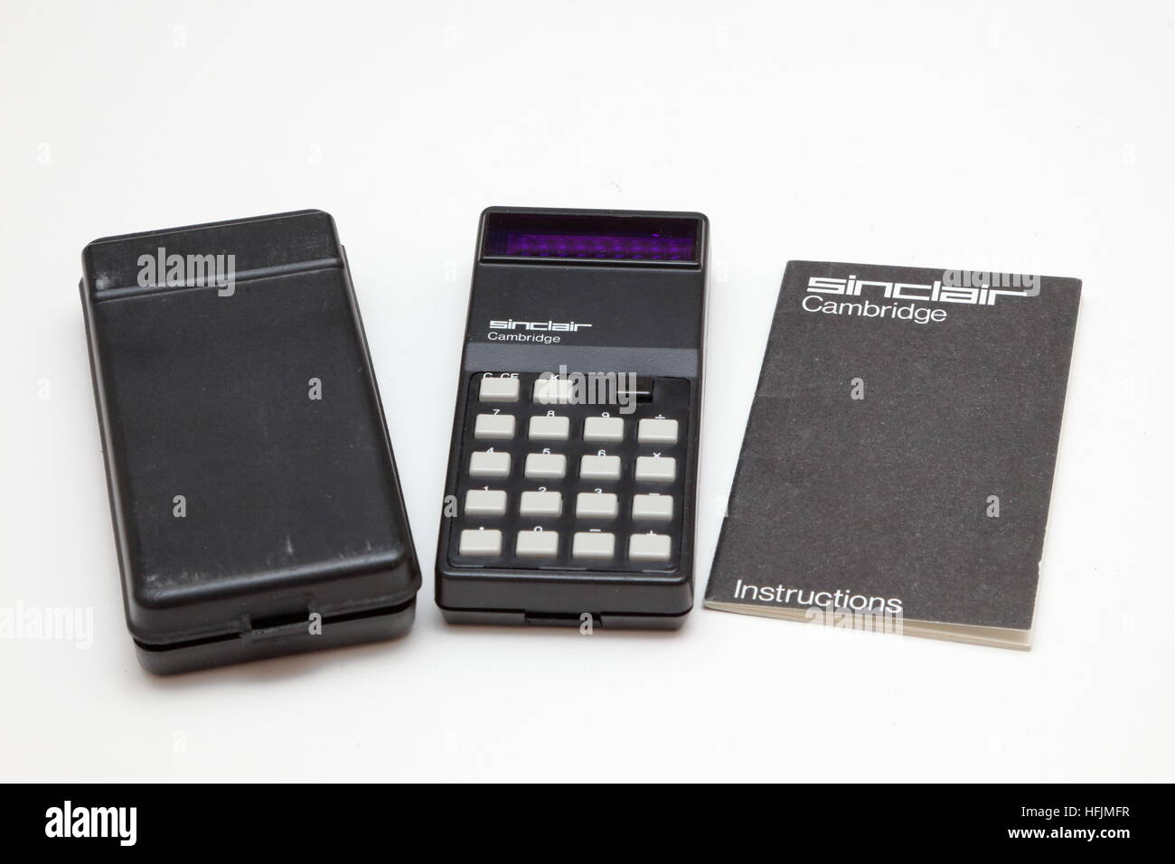Sinclair Cambridge electronic calculator with hard case and instruction booklet from 1970s Stock Photo