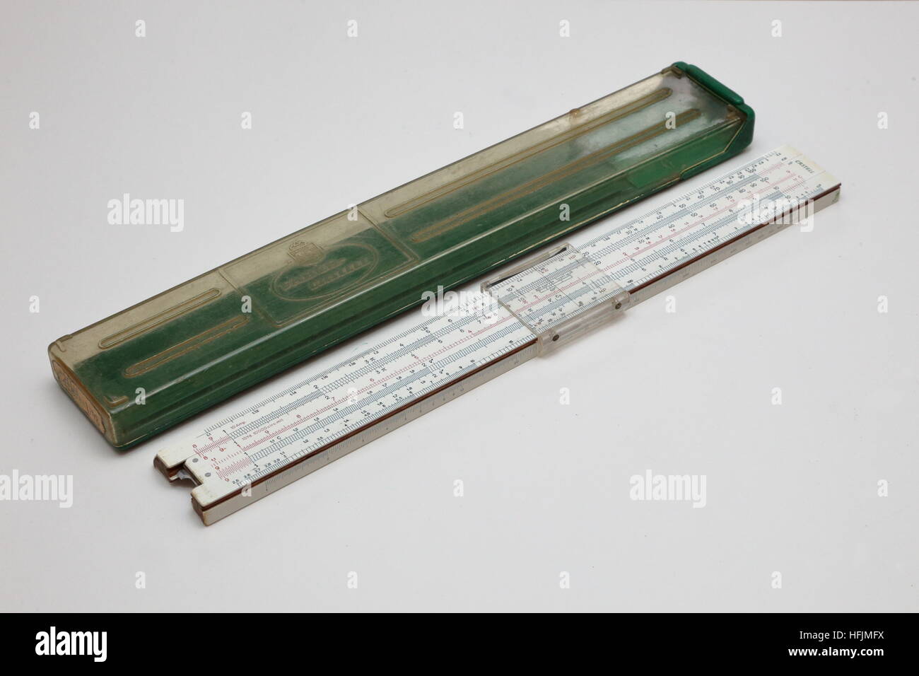Faber Castell slide rule 1/98 Elektro prestigious schoolboys (and schoolgirls) calculation tool of  the1950s and hard case Stock Photo