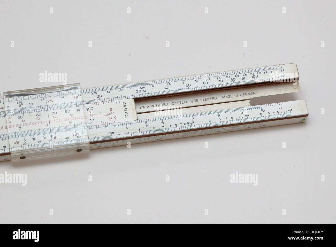 Faber Castell slide rule 1/98 Elektro prestigious schoolboys (and schoolgirls) calculation tool of  the1950s showing model type Stock Photo