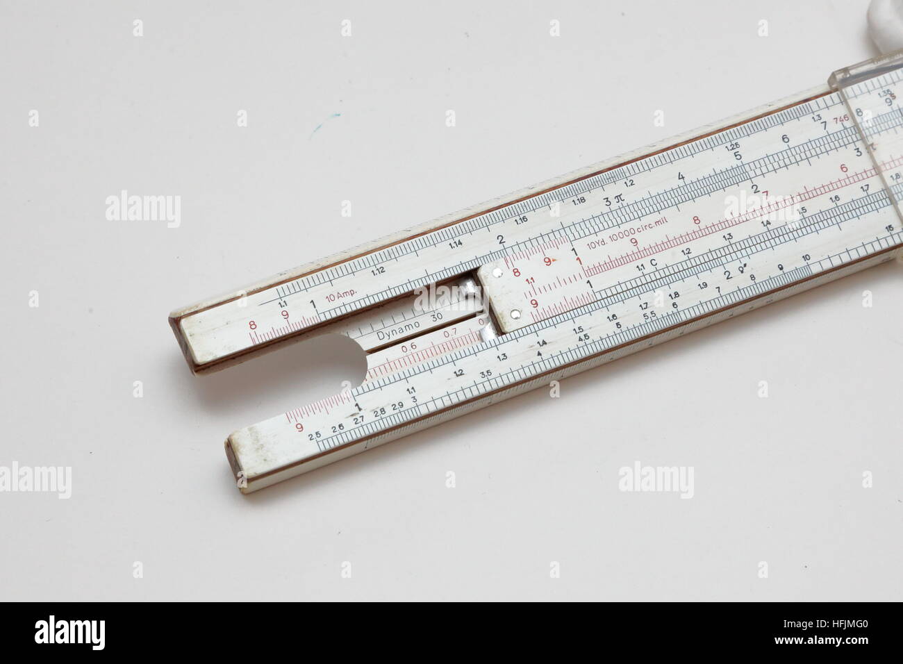 Faber Castell slide rule 1/98 Elektro prestigious students' calculation tool of  the1950s. Cut showing dynamo readout Stock Photo