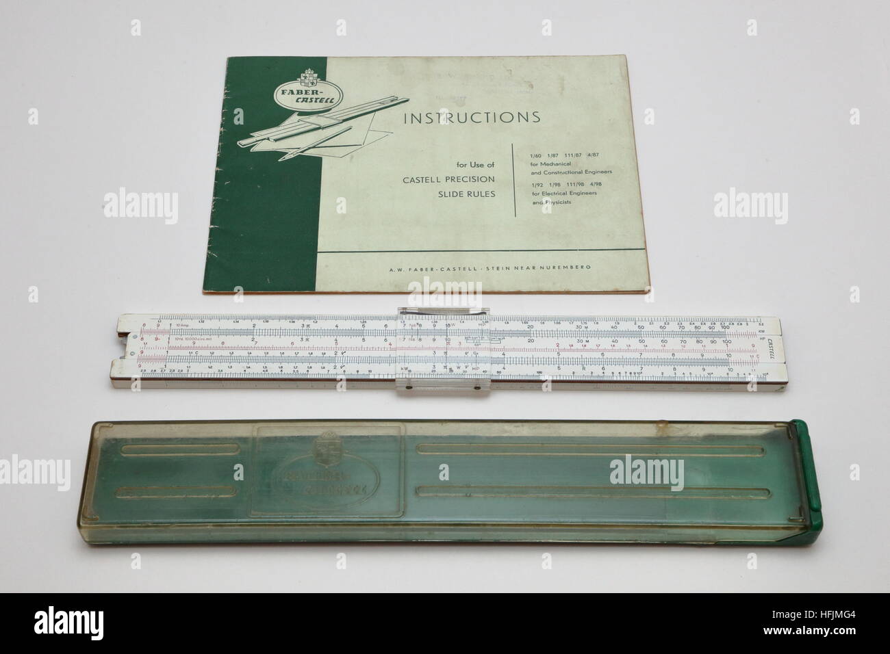 Faber Castell slide rule 1/98 Elektro prestigious schoolboys (and schoolgirls) calculation tool of  the1950s Instructions & case Stock Photo