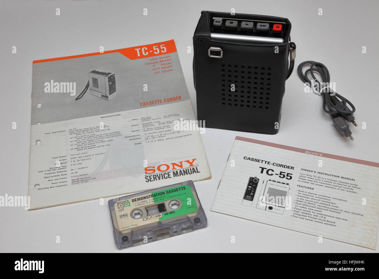 Sony TC55 cassette tape player / recorder in leather case with demo tape instructions and spec