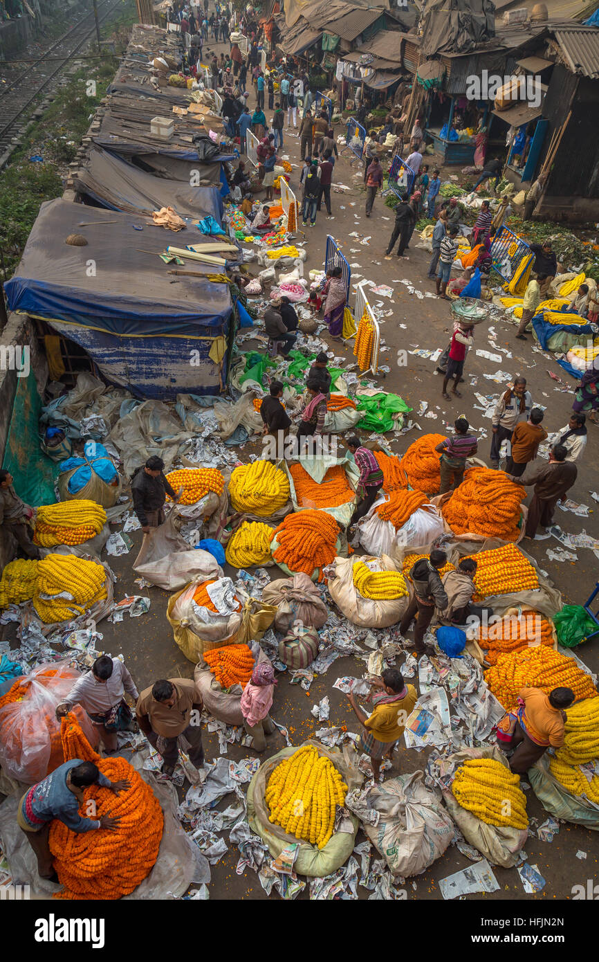 Local flower market at Mallick ghat near Howrah bridge busy with buyers