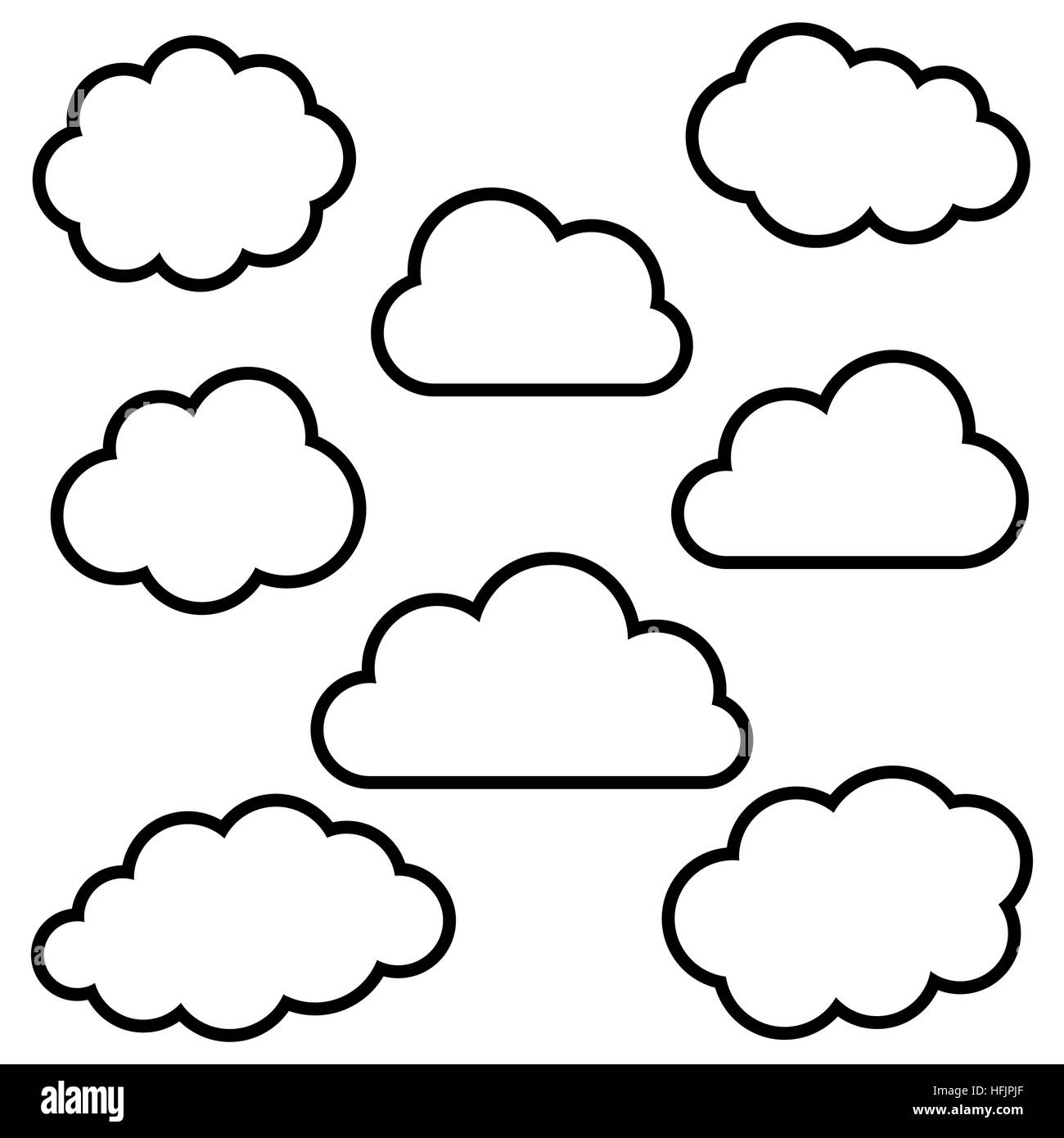 Various black cloud outlines collection on white background Stock ...