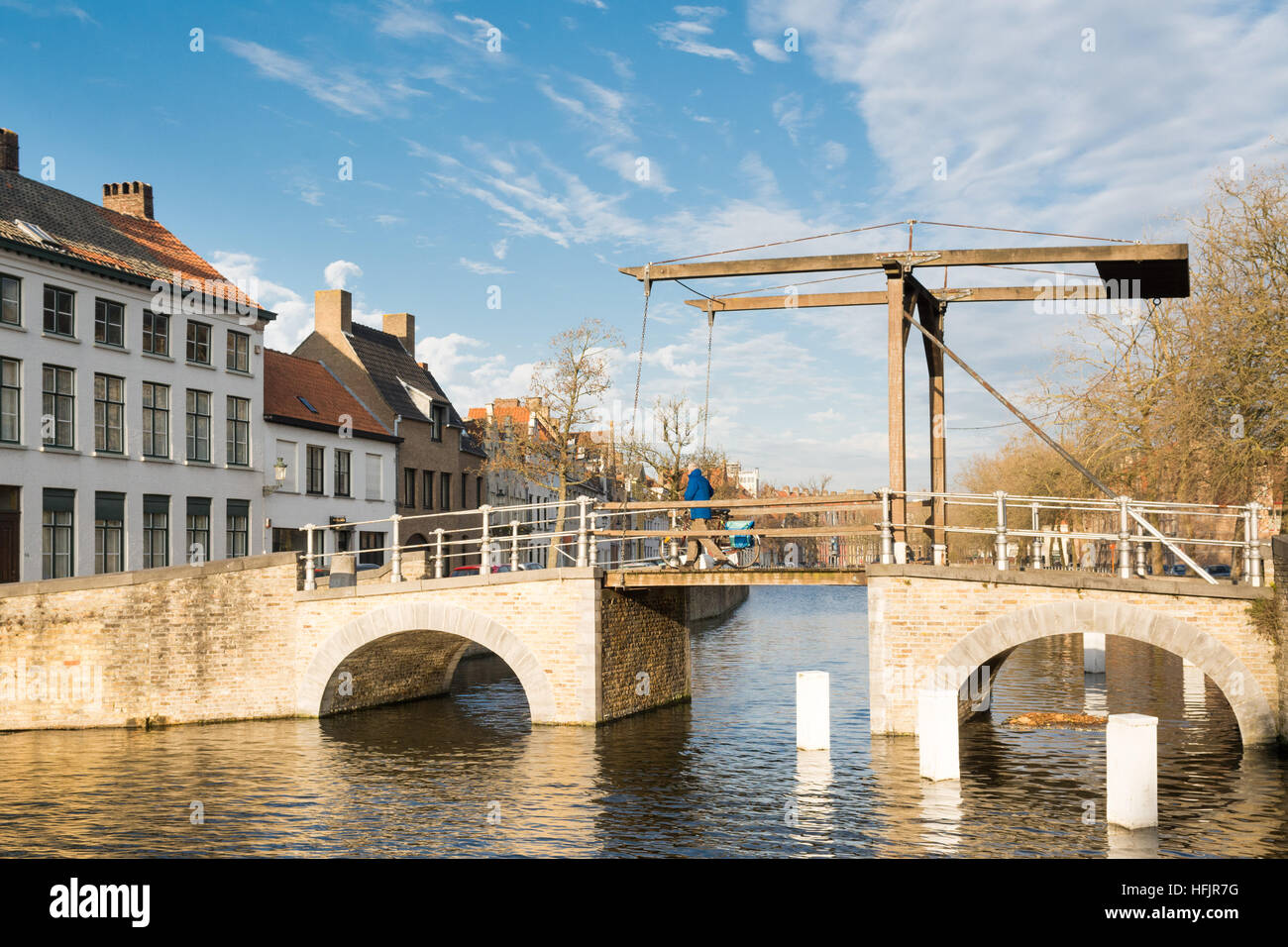 Bruges bridge - wooden lift up bridge across the Canal Lange Rei, Belgium, Europe Stock Photo