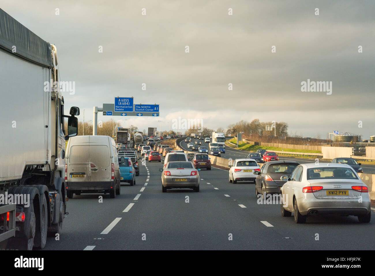 A1 queuing traffic northbound approaching Scotch Corner, England, UK Stock Photo