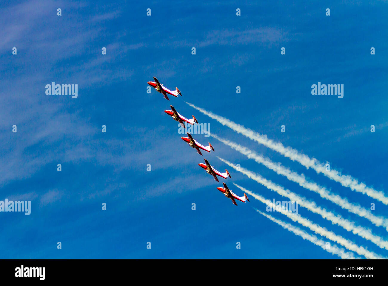Hillsboro, Oregon - September 21, 2014: Canadian Forces Snowbirds perform Five Line Abreast in Oregon International Air Show. Stock Photo